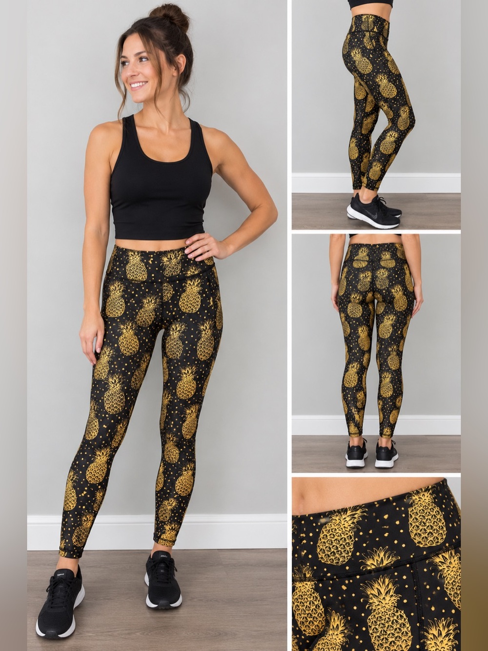 CVG Black Leggings with Gold Pineapple Print